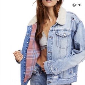 Free People Plaid Lined Denim Sherpa Collar Trucker Oversized Jacket Medium